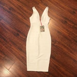 White Deep “V” Cut Midi Dress